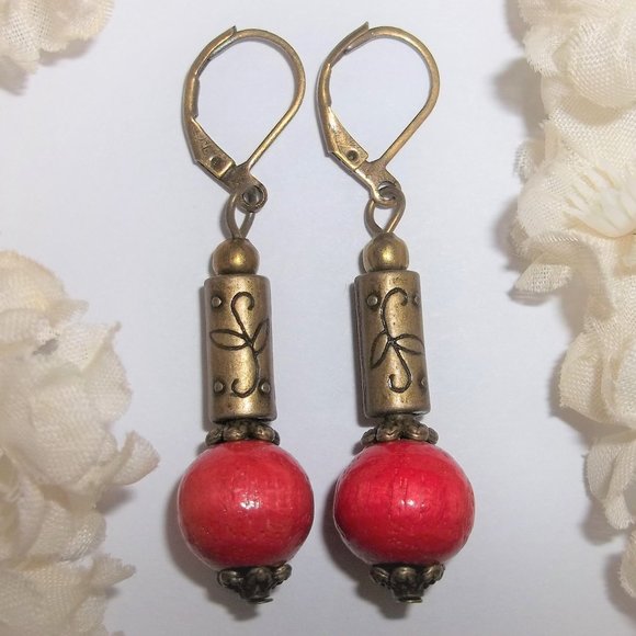 Boho Earrings Red & Bronze Bohemian Style Handmade Jewelry Accessory NWT 6467 - Picture 1 of 10
